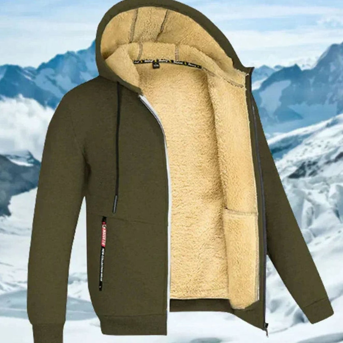 Men fleece lined hooded jacket full zip cold weather transition