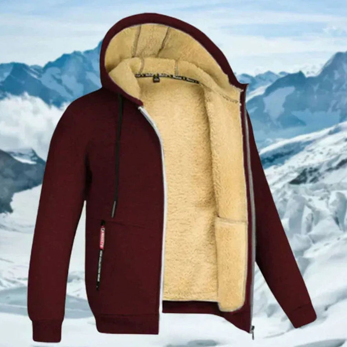 Men fleece lined hooded jacket full zip cold weather transition