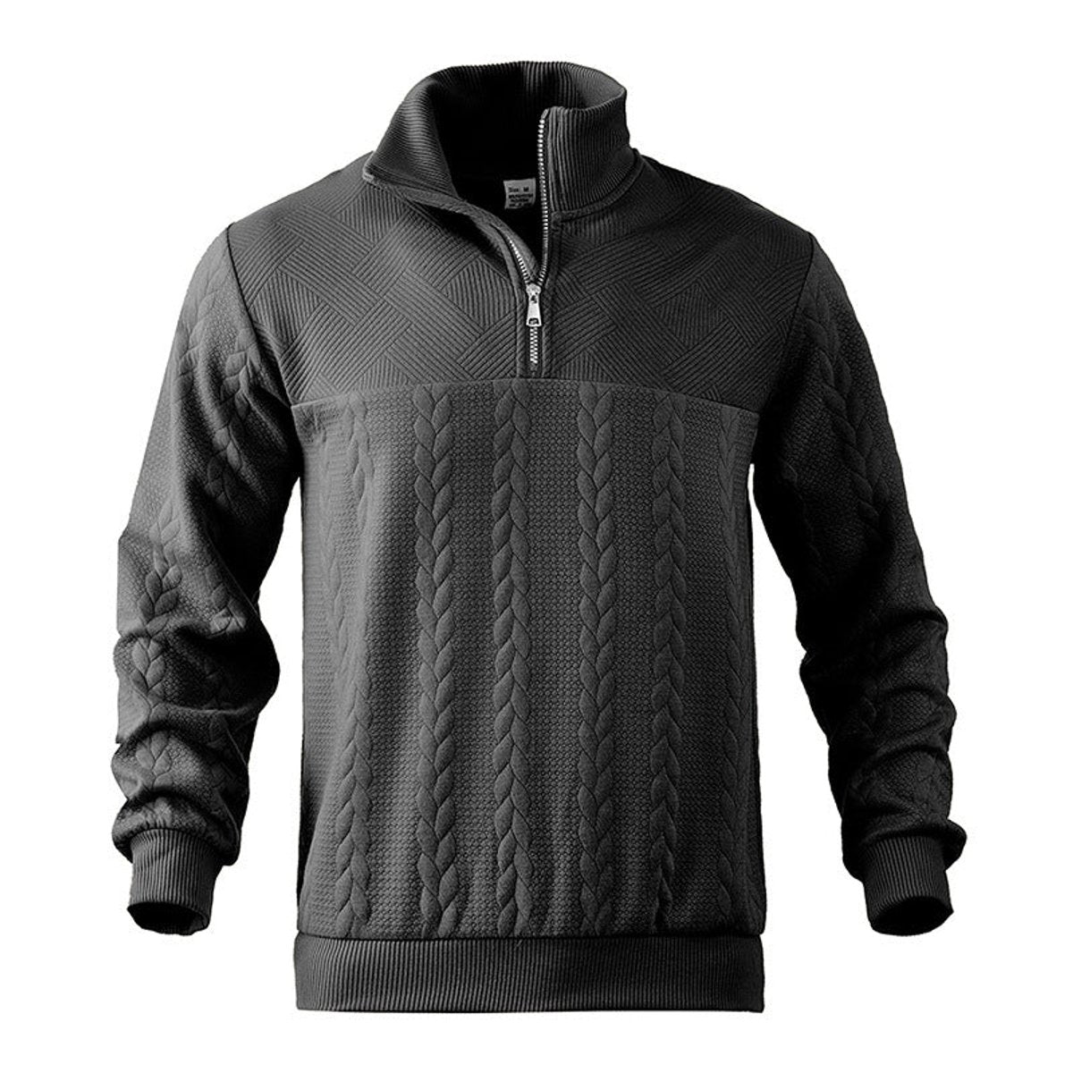 Men cable knit quarter zip sweatshirt with ribbed cuffs and metal zip