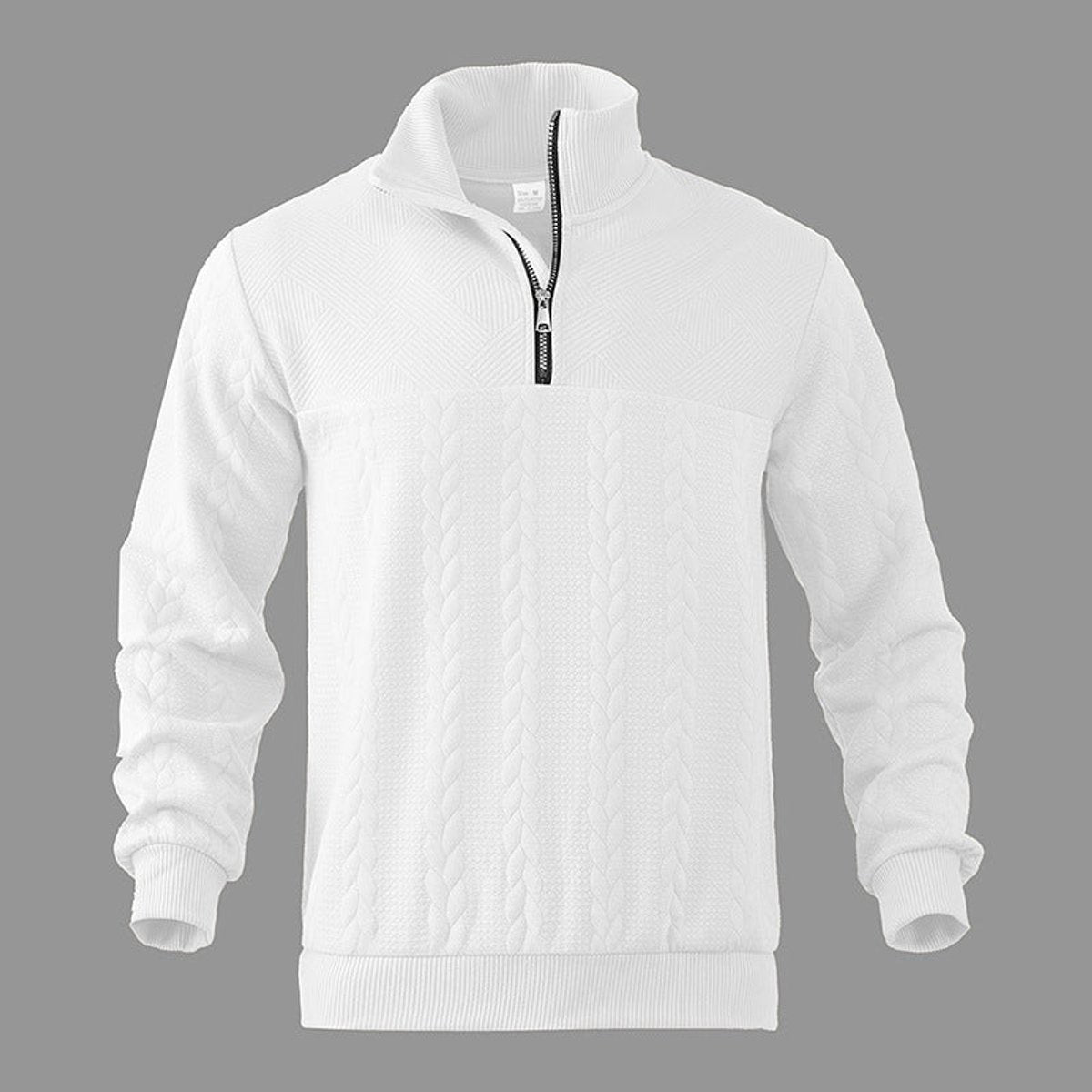Men cable knit quarter zip sweatshirt with ribbed cuffs and metal zip