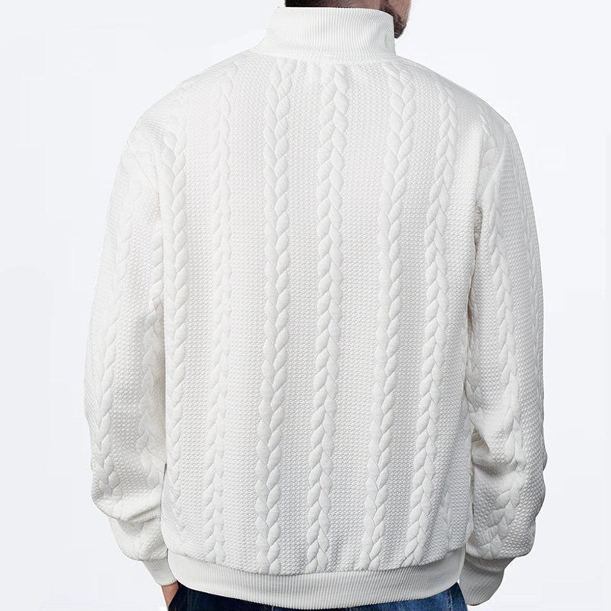 Men cable knit quarter zip sweatshirt with ribbed cuffs and metal zip