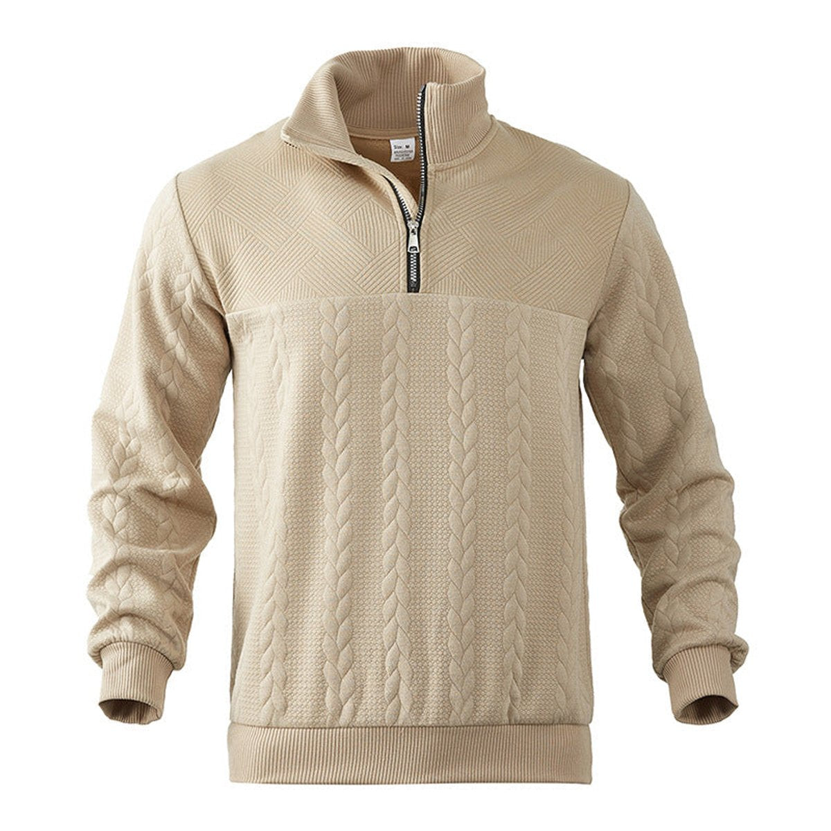 Men cable knit quarter zip sweatshirt with ribbed cuffs and metal zip