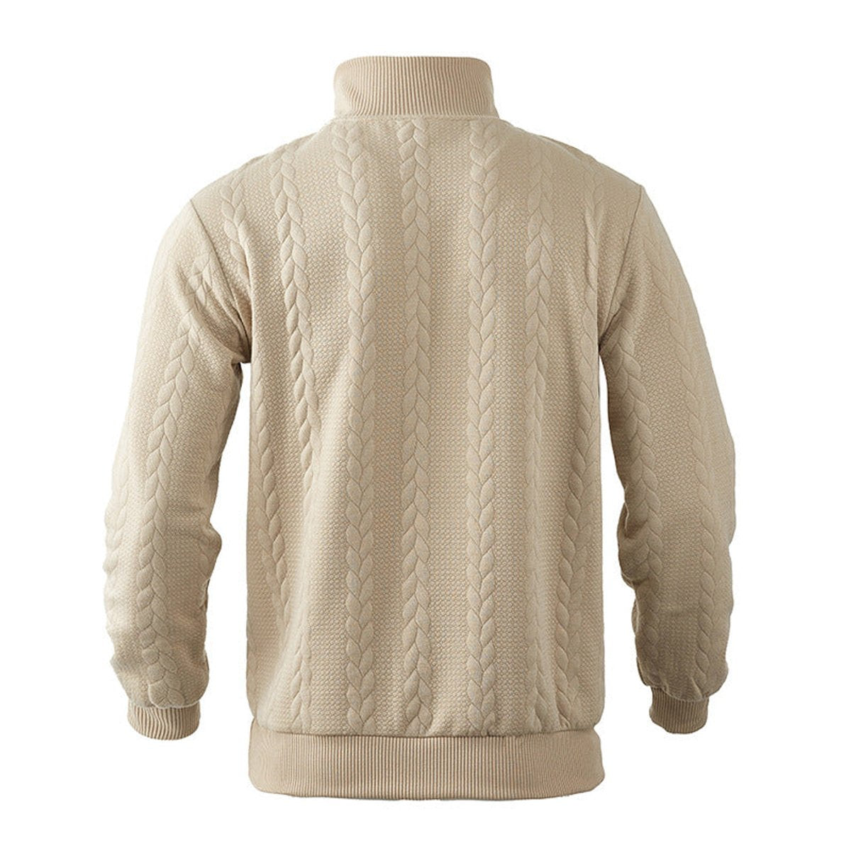 Men cable knit quarter zip sweatshirt with ribbed cuffs and metal zip