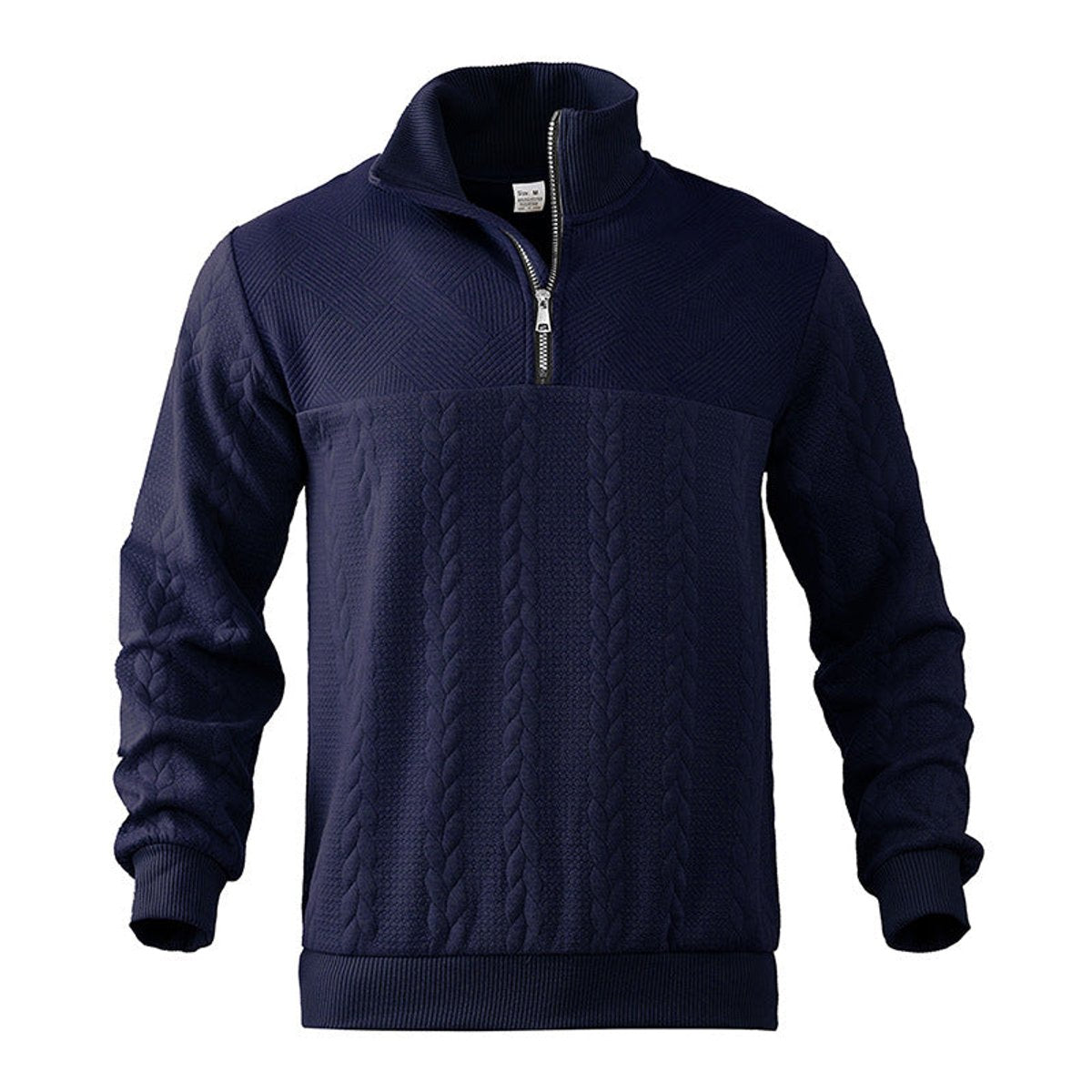 Men cable knit quarter zip sweatshirt with ribbed cuffs and metal zip