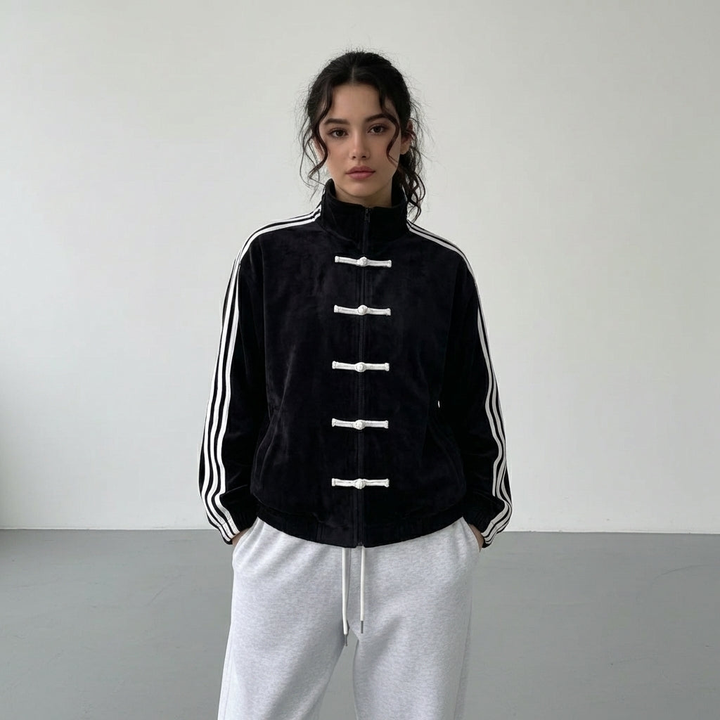 Women retro velour track jacket with contrast sleeve stripes and button closure