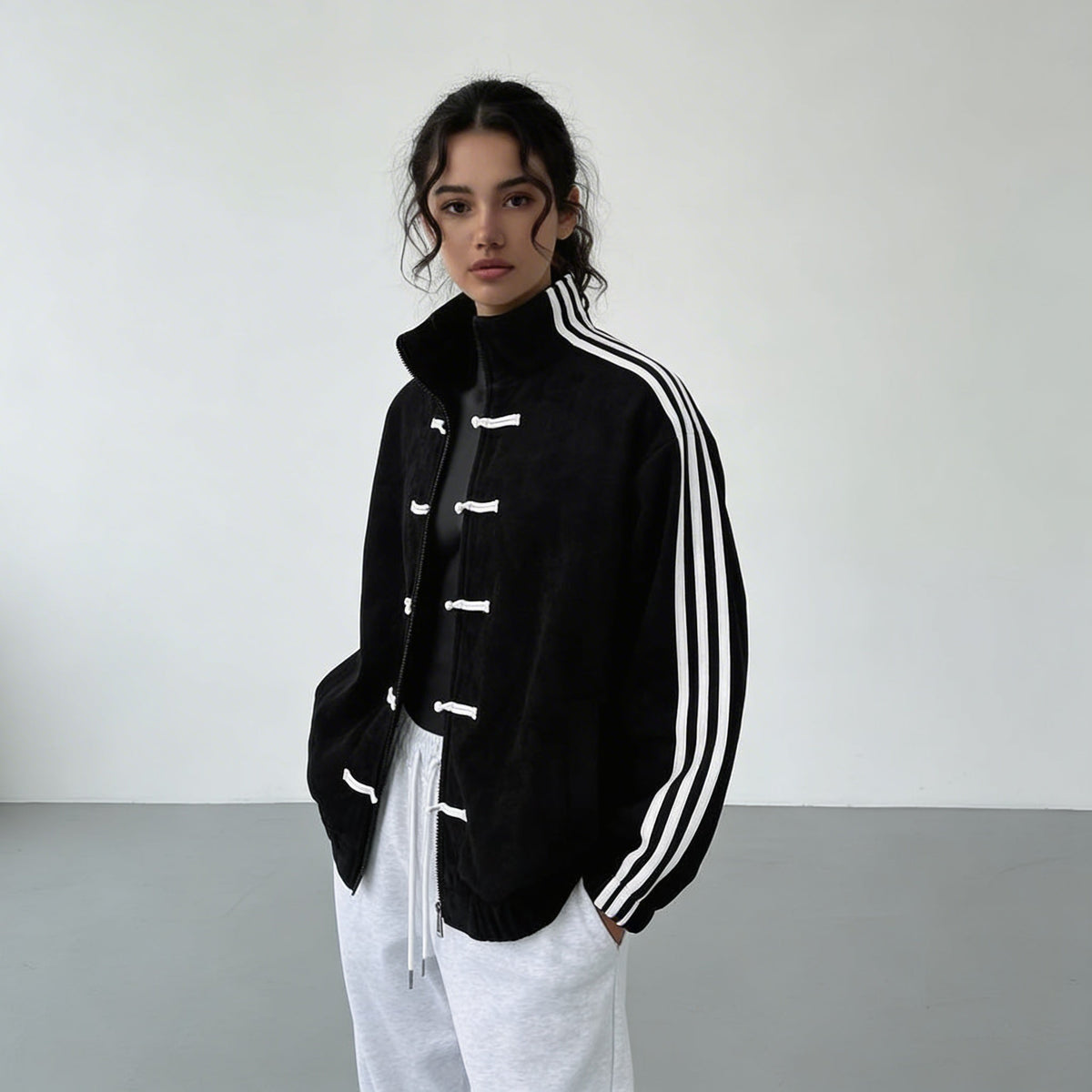 Women retro velour track jacket with contrast sleeve stripes and button closure