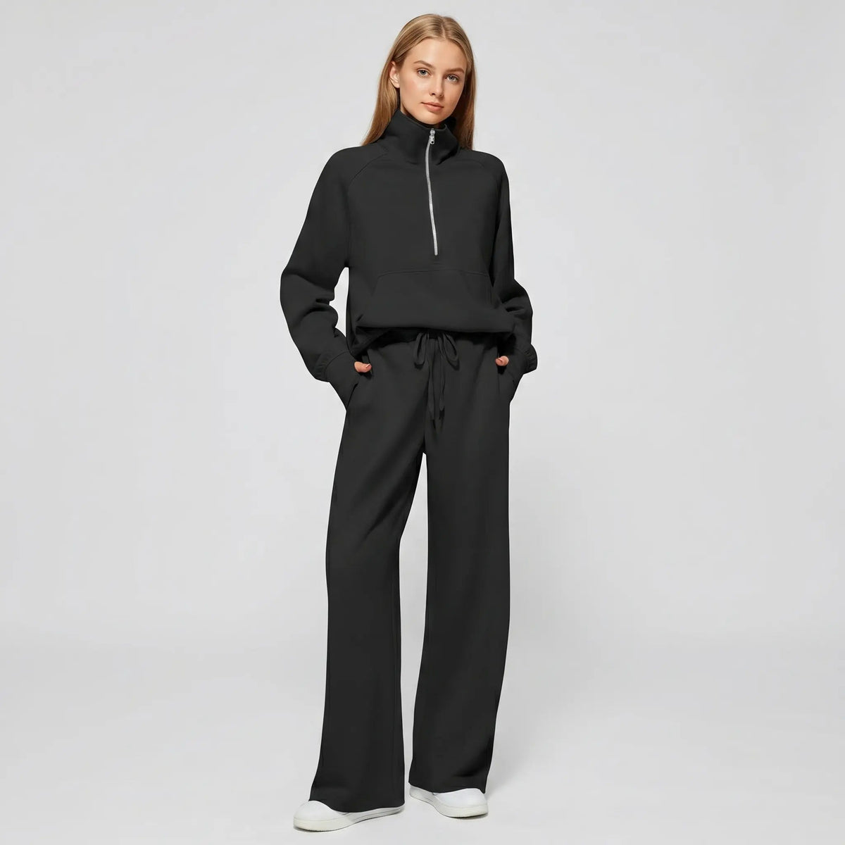 Womens 2 piece zip sweatshirt wide leg set with funnel neck and kangaroo pocket