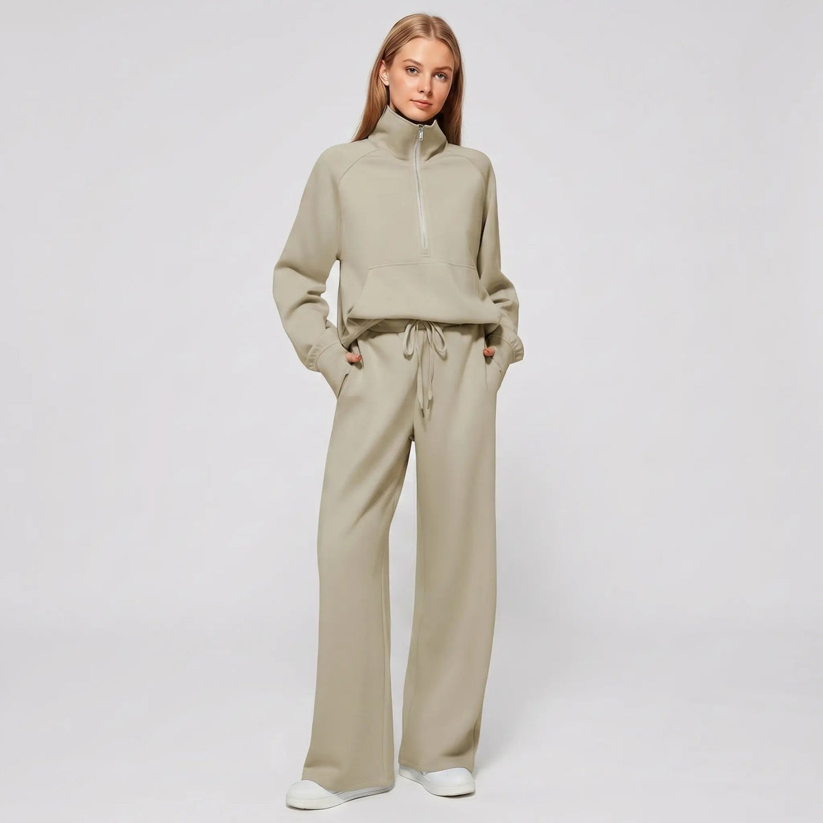 Womens 2 piece zip sweatshirt wide leg set with funnel neck and kangaroo pocket