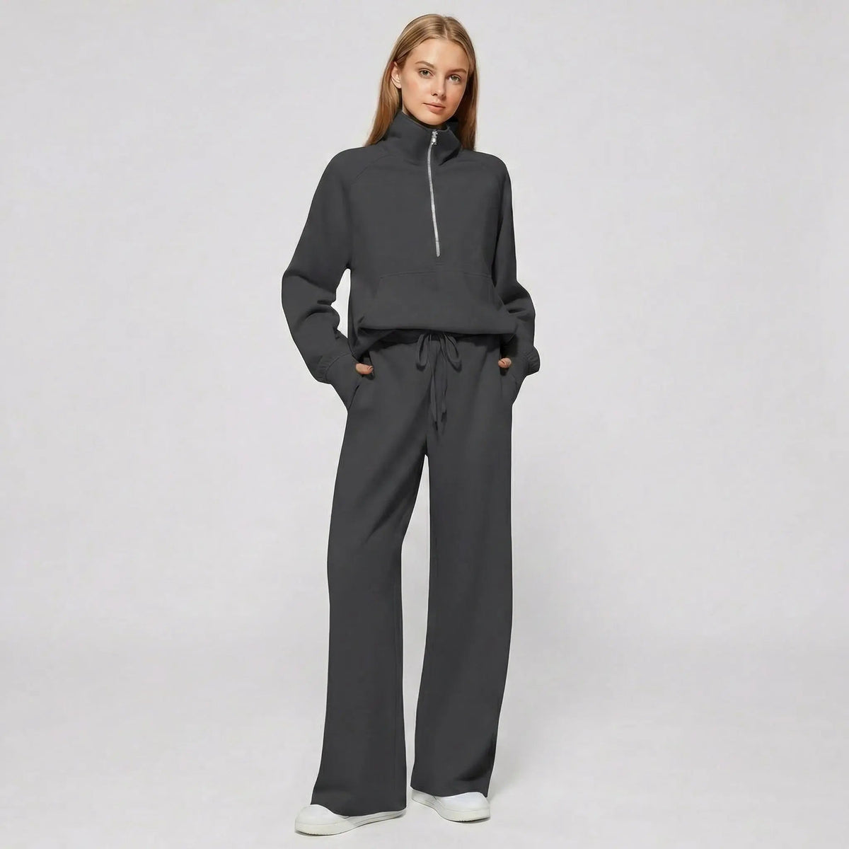 Womens 2 piece zip sweatshirt wide leg set with funnel neck and kangaroo pocket