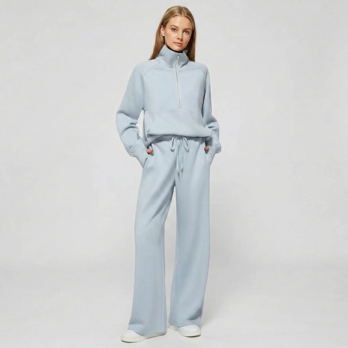 Womens 2 piece zip sweatshirt wide leg set with funnel neck and kangaroo pocket