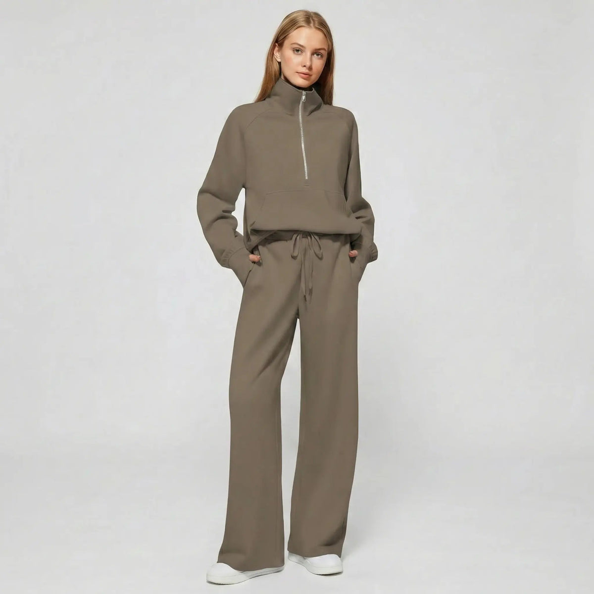 Womens 2 piece zip sweatshirt wide leg set with funnel neck and kangaroo pocket
