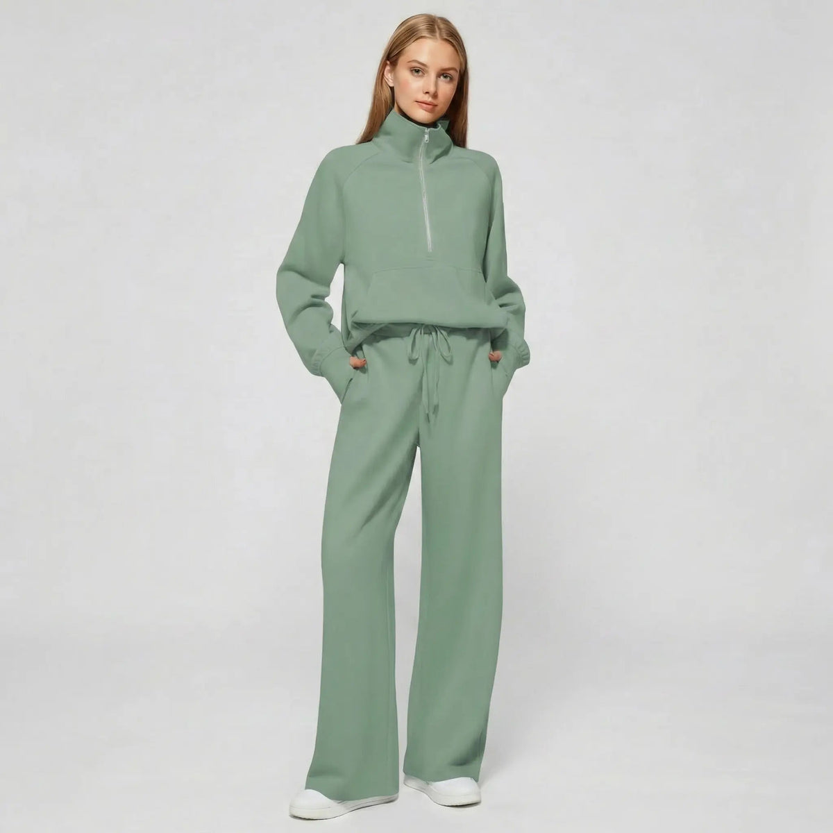 Womens 2 piece zip sweatshirt wide leg set with funnel neck and kangaroo pocket