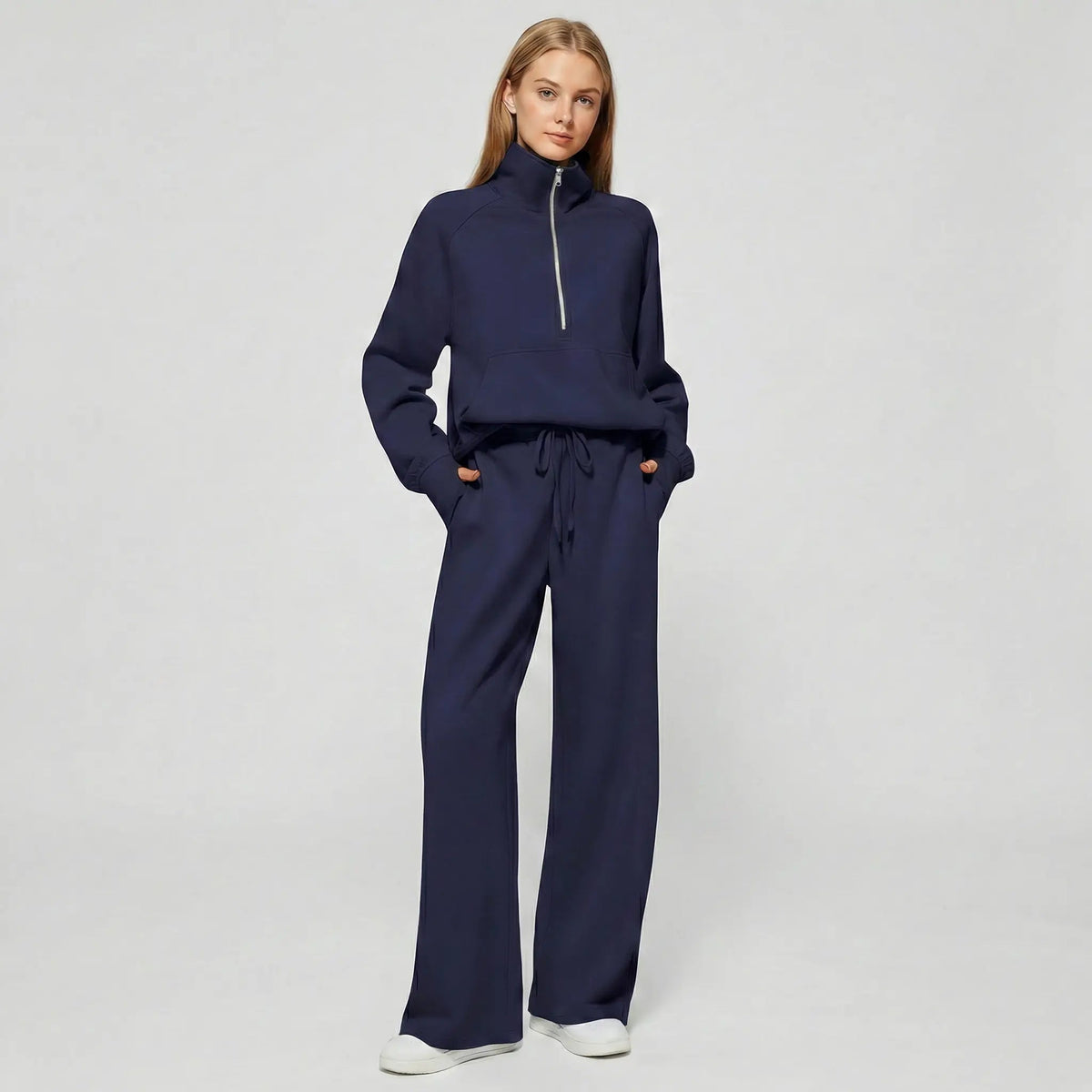 Womens 2 piece zip sweatshirt wide leg set with funnel neck and kangaroo pocket