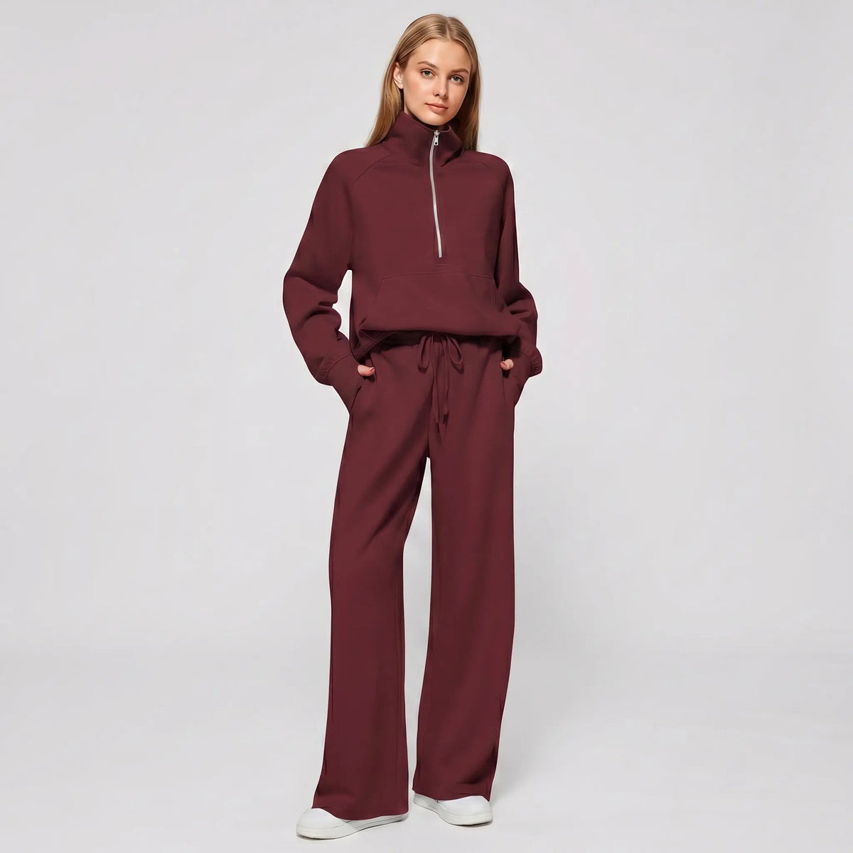 Womens 2 piece zip sweatshirt wide leg set with funnel neck and kangaroo pocket