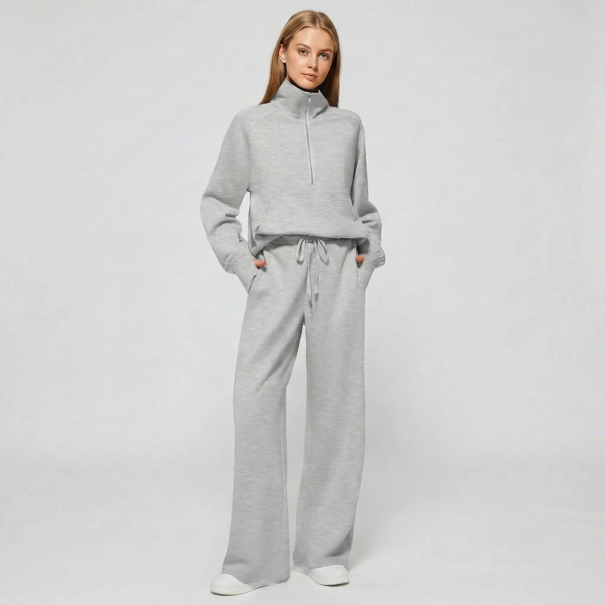 Womens 2 piece zip sweatshirt wide leg set with funnel neck and kangaroo pocket