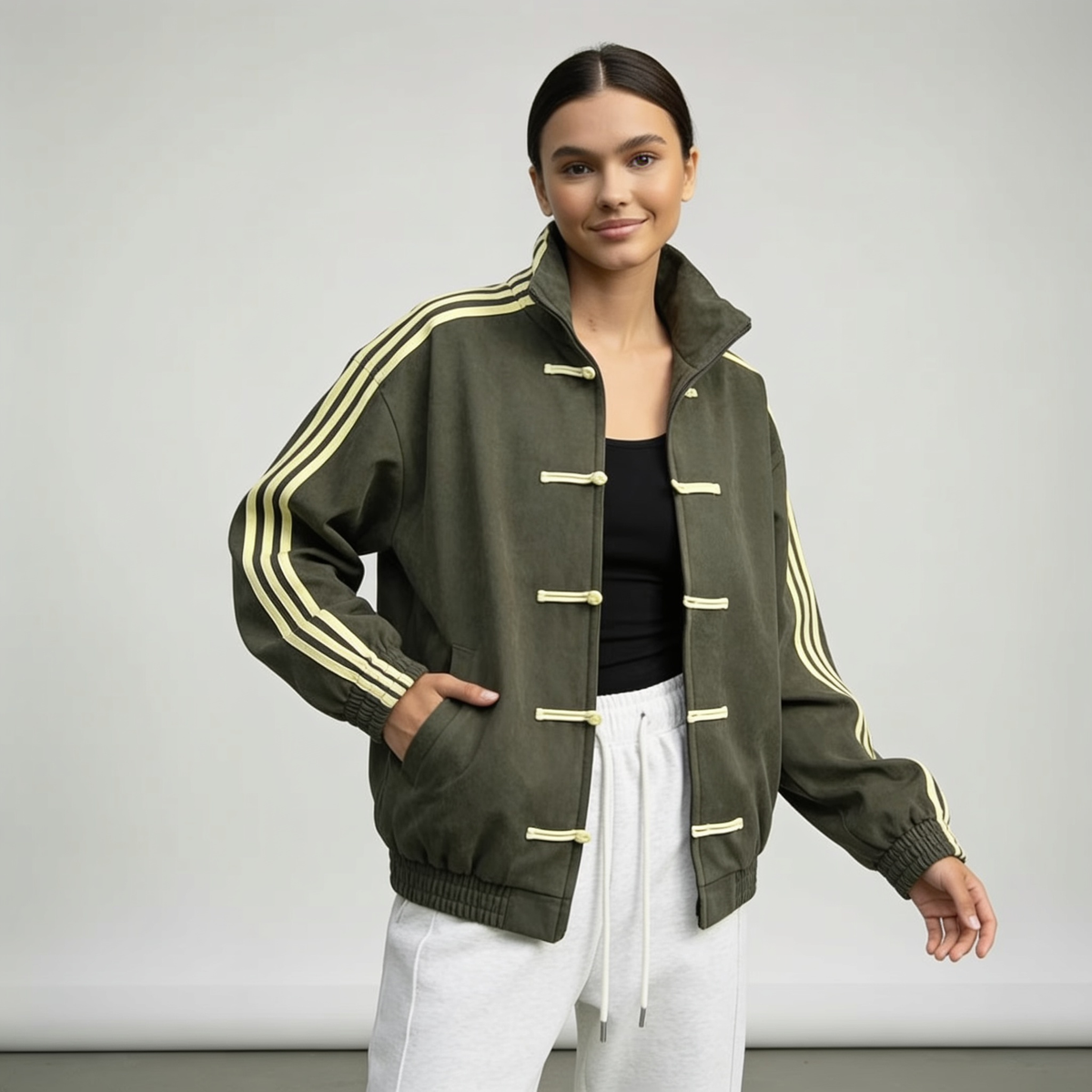 Women retro velour track jacket with contrast sleeve stripes and button closure