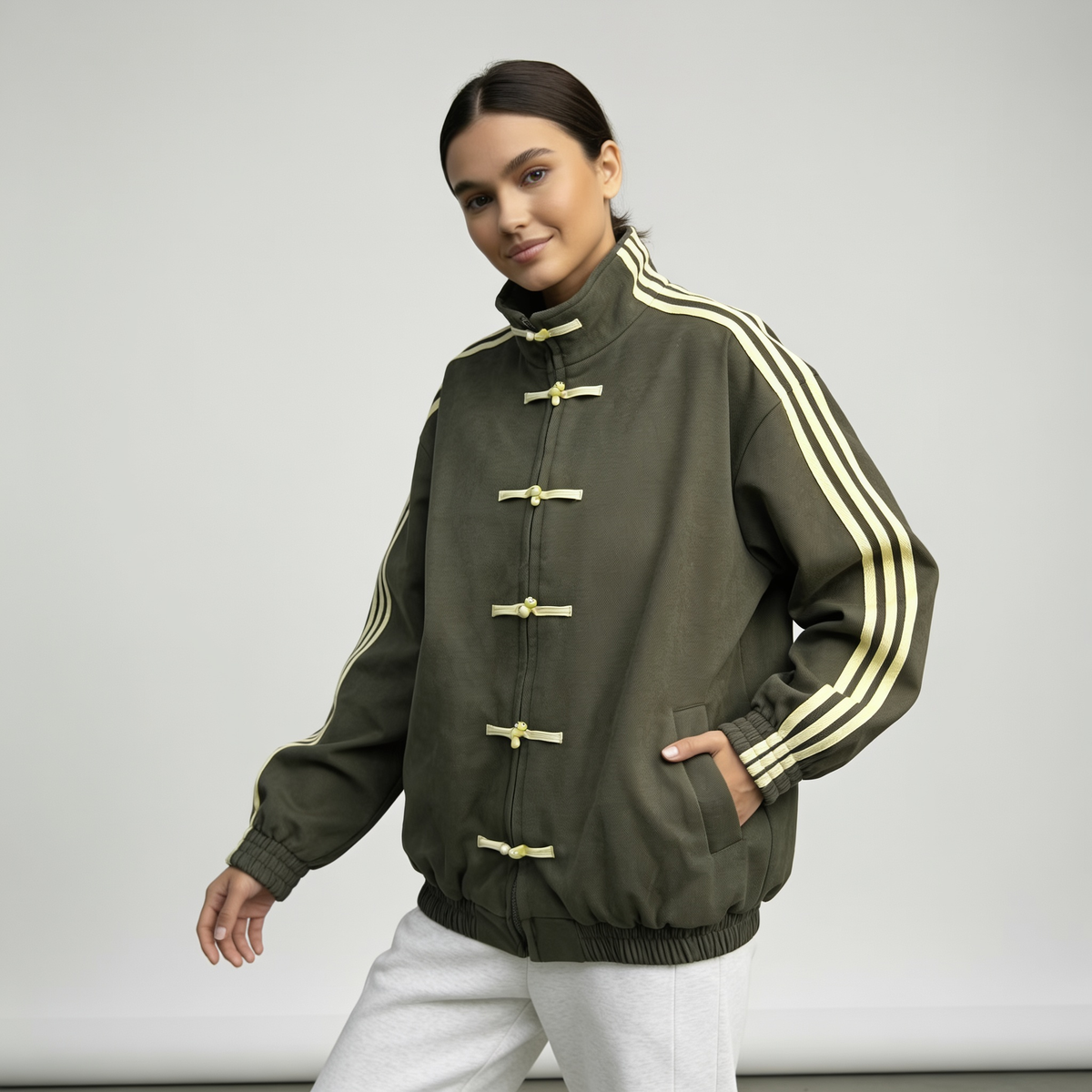 Women retro velour track jacket with contrast sleeve stripes and button closure