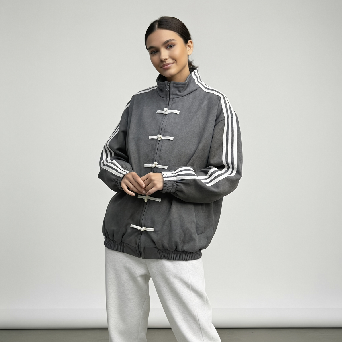 Women retro velour track jacket with contrast sleeve stripes and button closure
