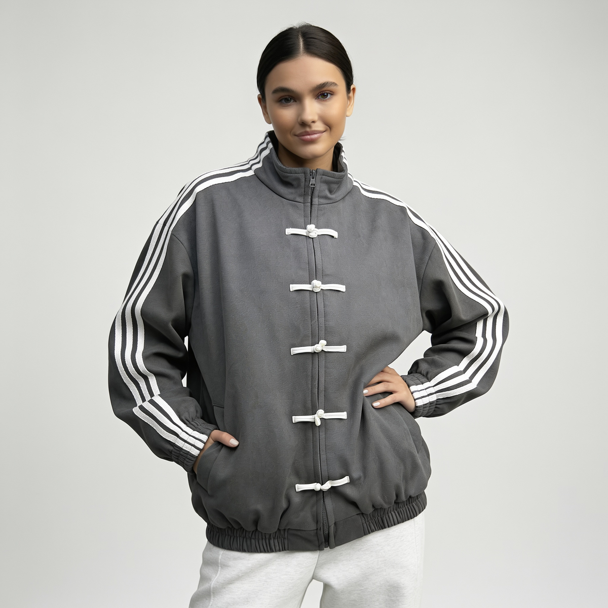 Women retro velour track jacket with contrast sleeve stripes and button closure