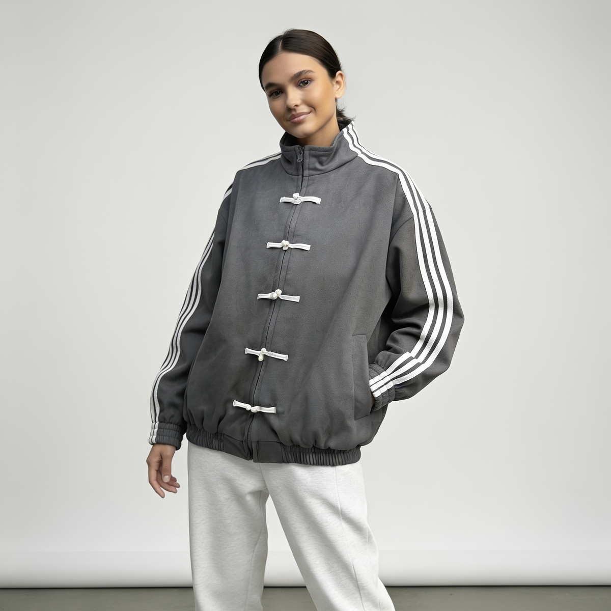 Women retro velour track jacket with contrast sleeve stripes and button closure