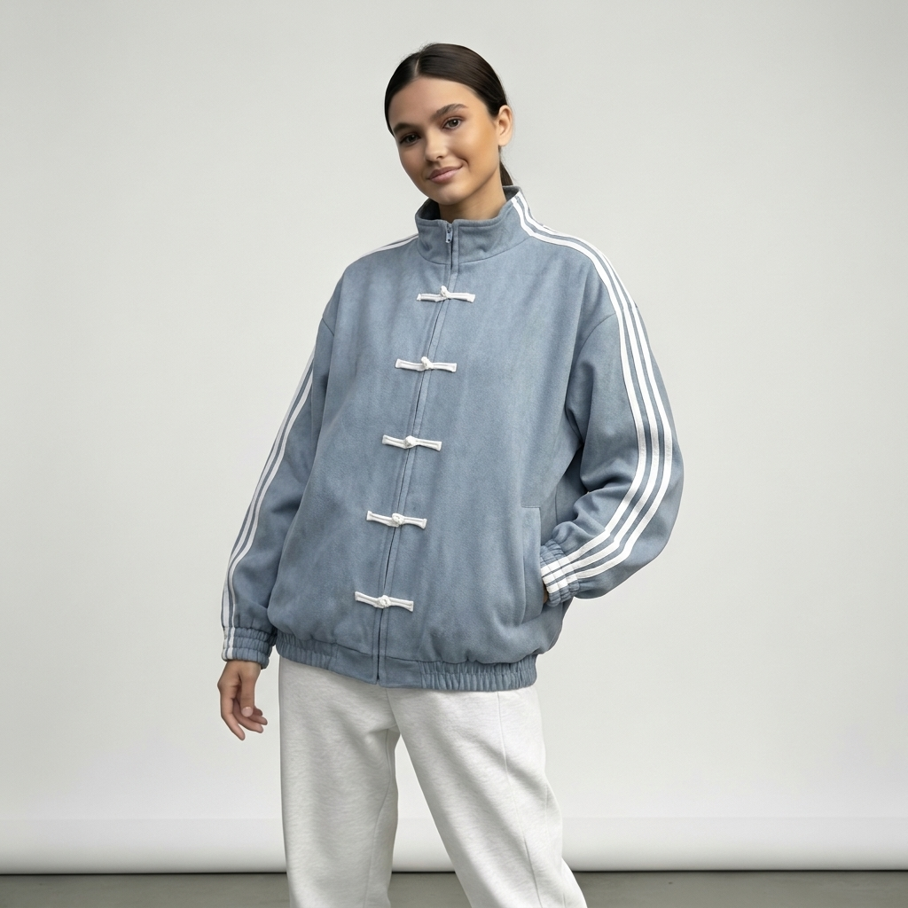 Women retro velour track jacket with contrast sleeve stripes and button closure