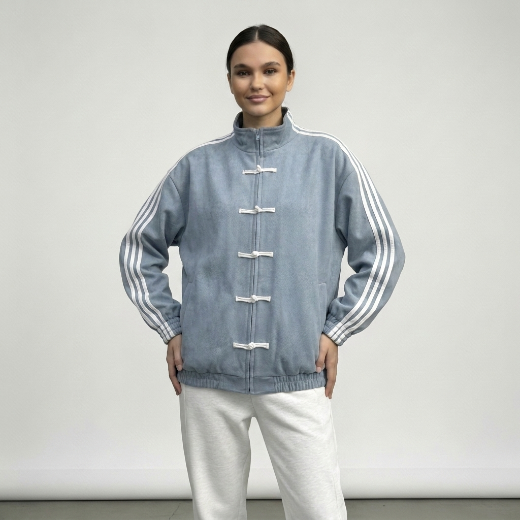 Women retro velour track jacket with contrast sleeve stripes and button closure