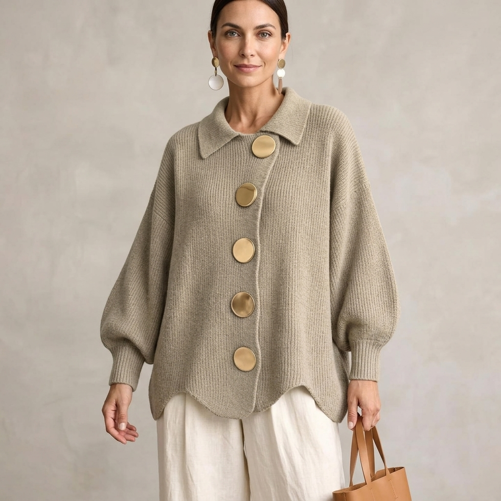 Women ribbed knit cardigan oversized gold buttons balloon sleeves scalloped hem