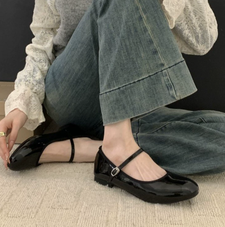Women's Ballet Flats | Glossy Finish, Adjustable Strap | Round Toe