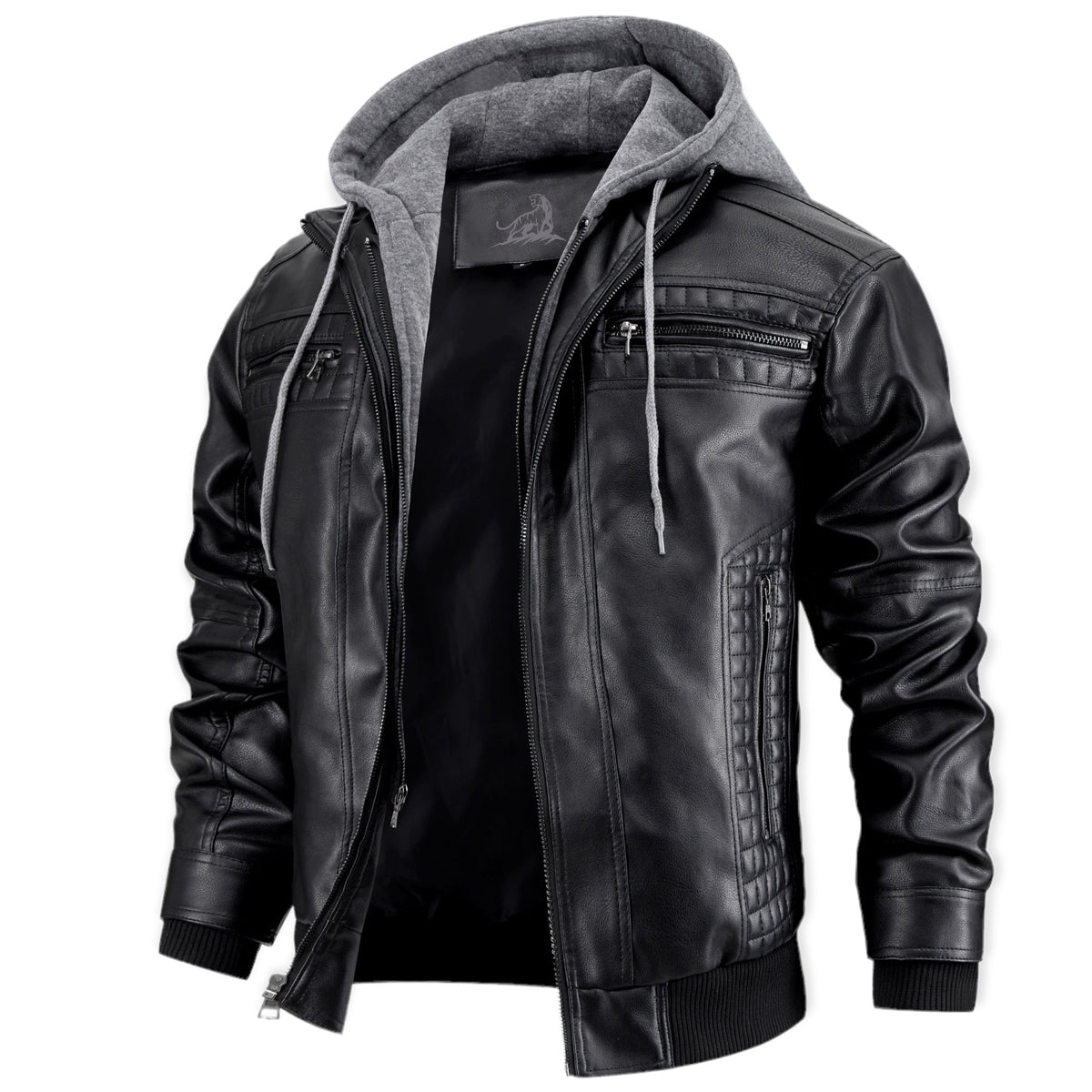Men leather jacket with removable hood, zip front and biker style