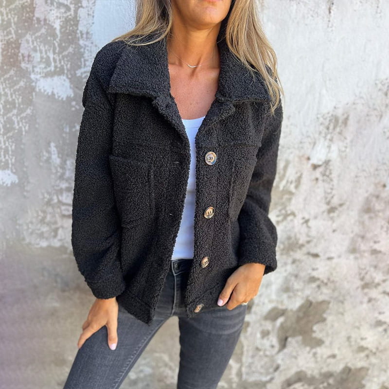 Women straight cut midlength coat with lapel collar and button front
