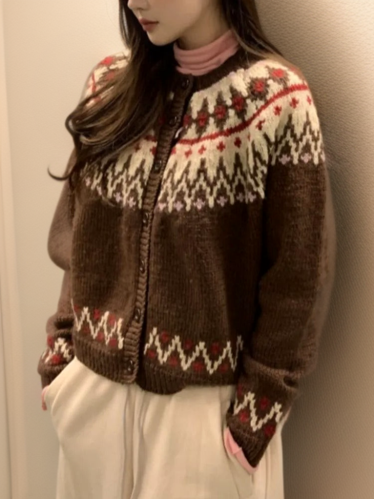 Women knit cardigan Icelandic tribal pattern vintage colour block Nordic style