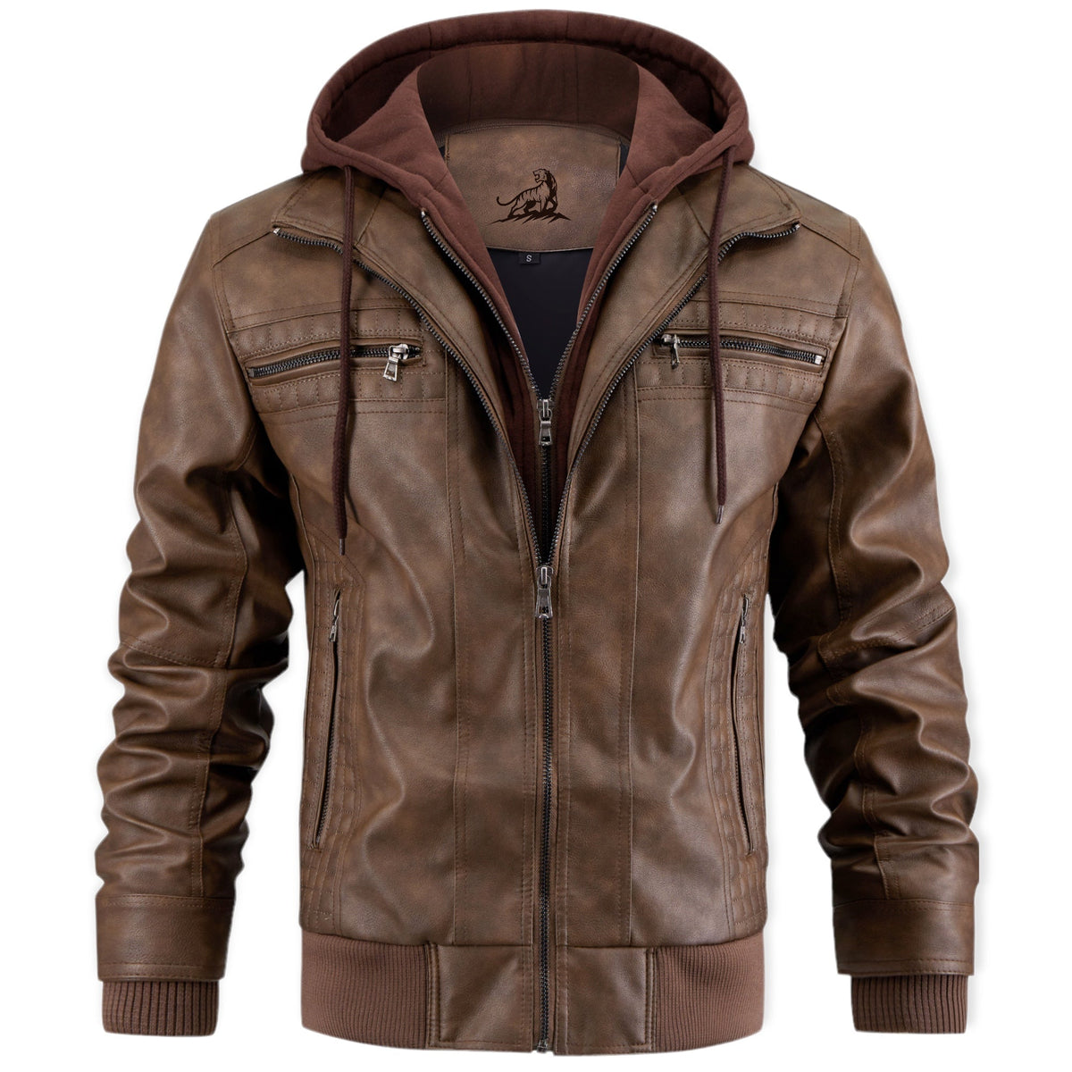Men leather jacket with removable hood, zip front and biker style
