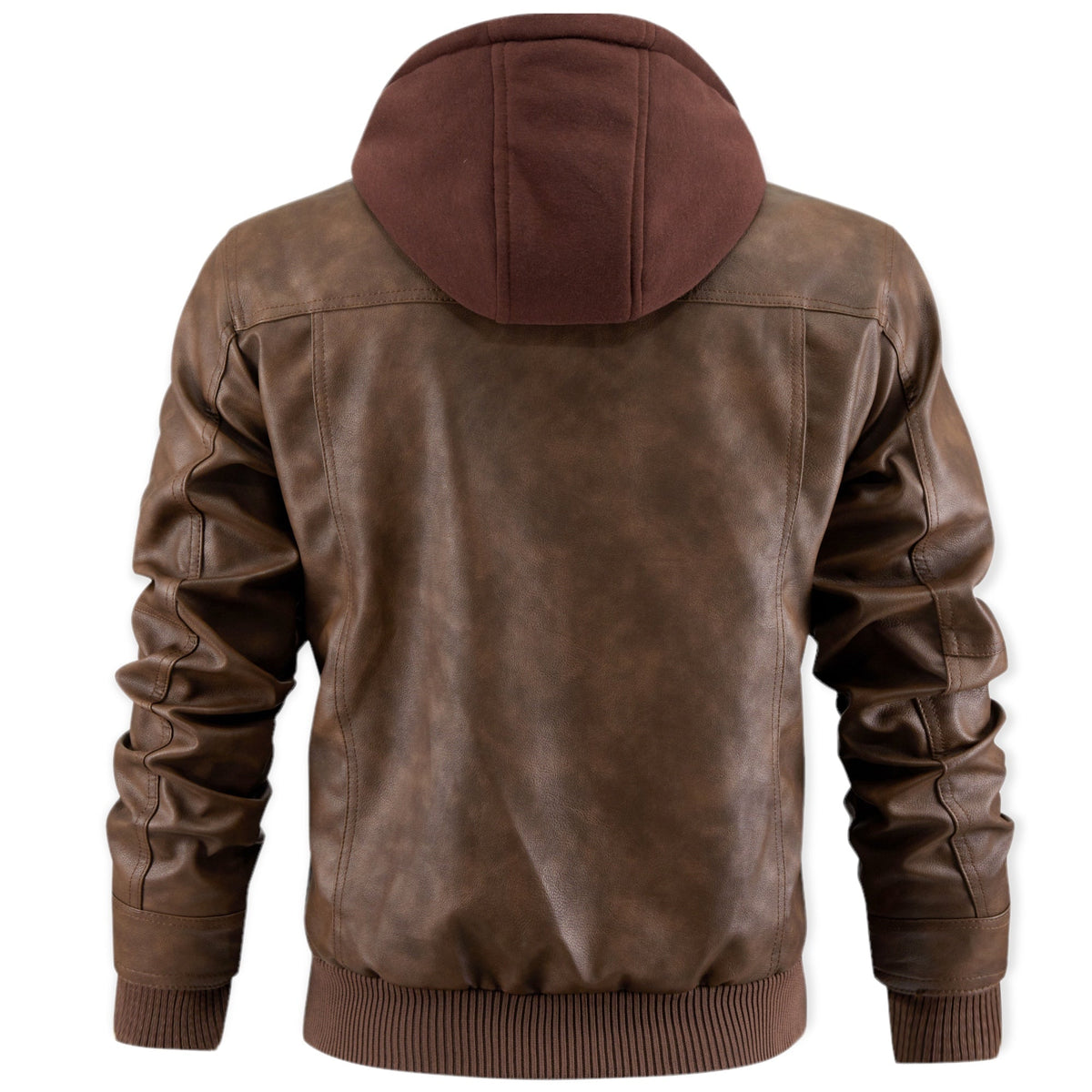Men leather jacket with removable hood, zip front and biker style