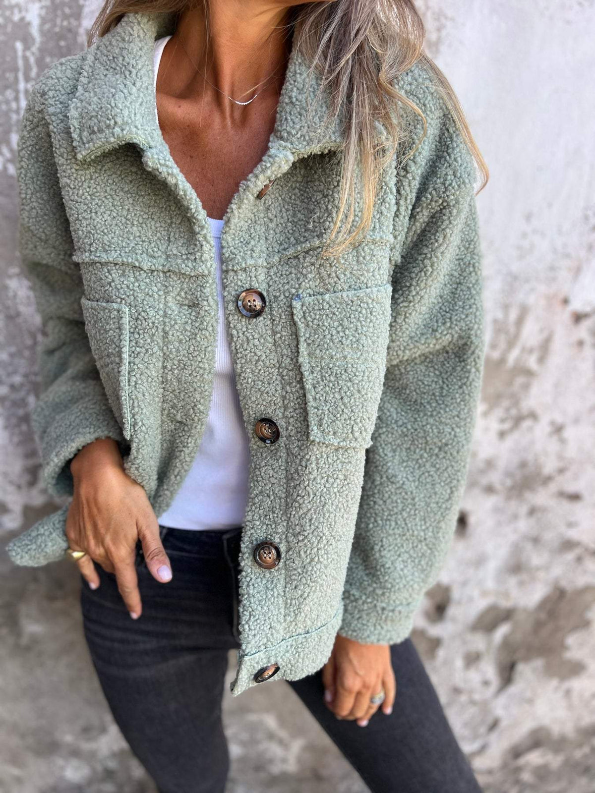 Women straight cut midlength coat with lapel collar and button front