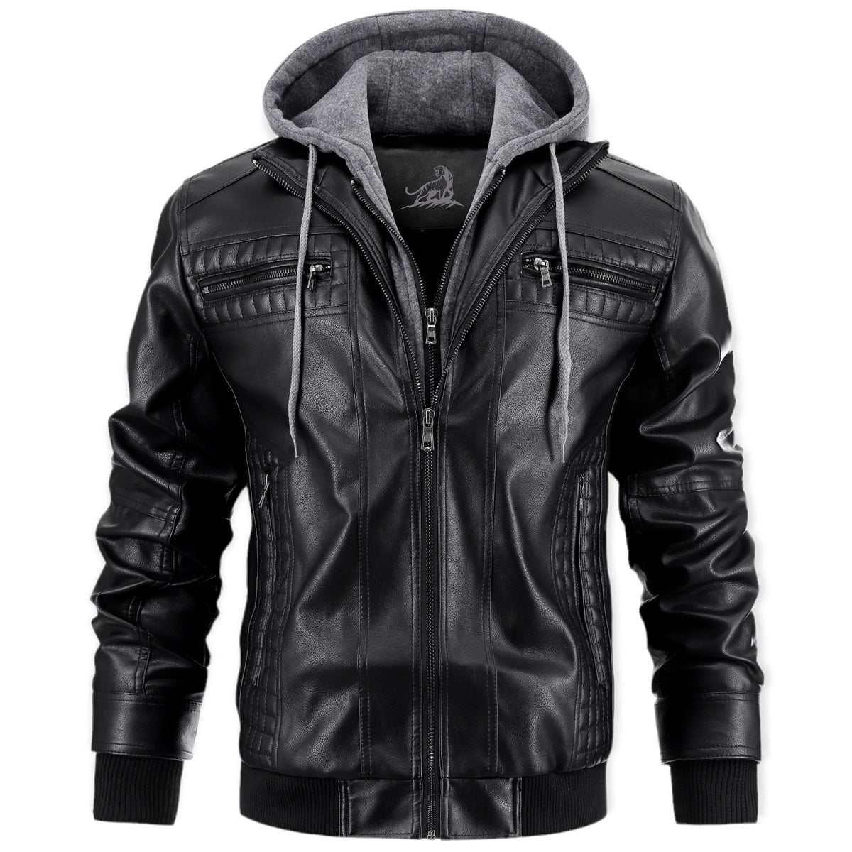 Men leather jacket with removable hood, zip front and biker style