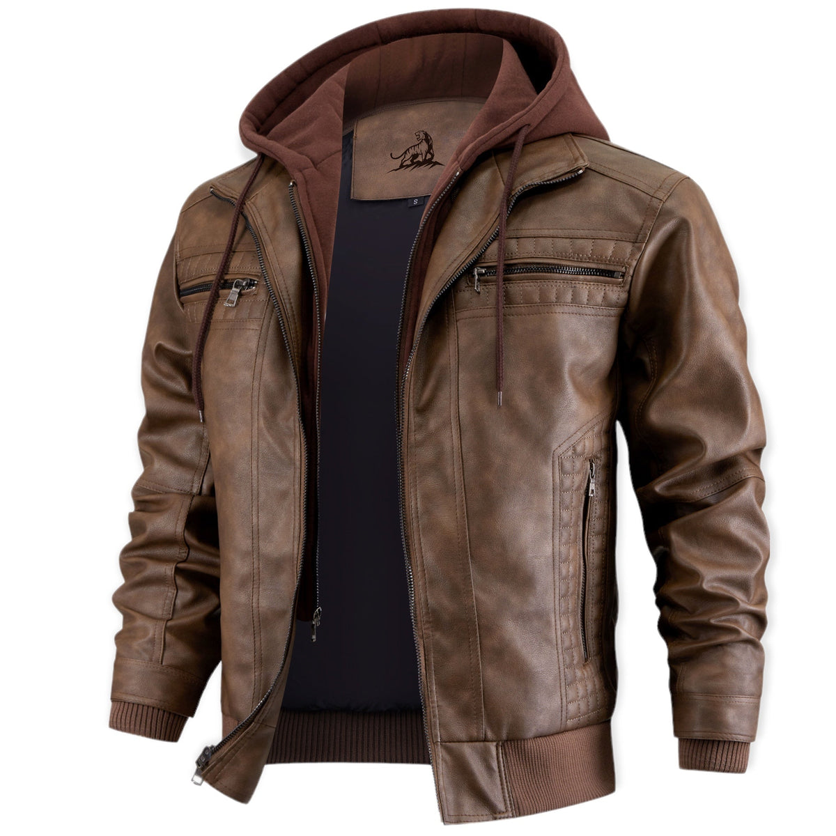 Men leather jacket with removable hood, zip front and biker style