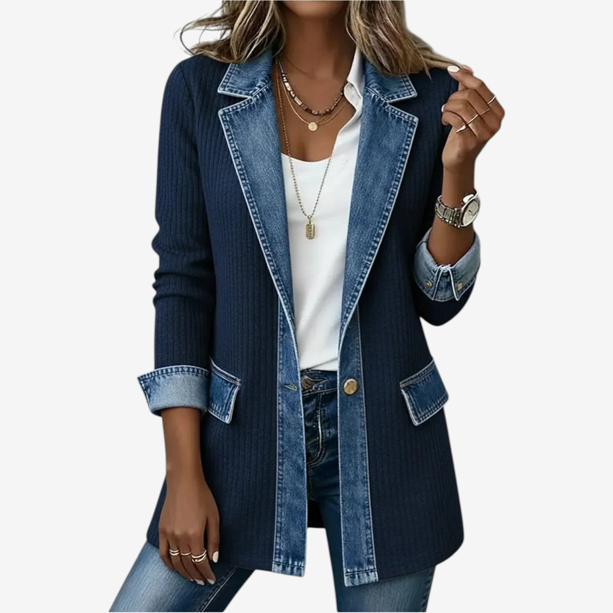 Women layered look soft touch jacket with denim-inspired contrast trims relaxed fit