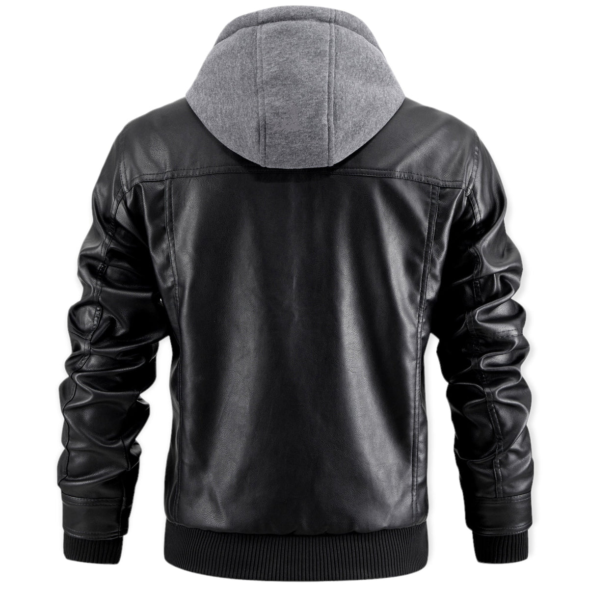 Men leather jacket with removable hood, zip front and biker style