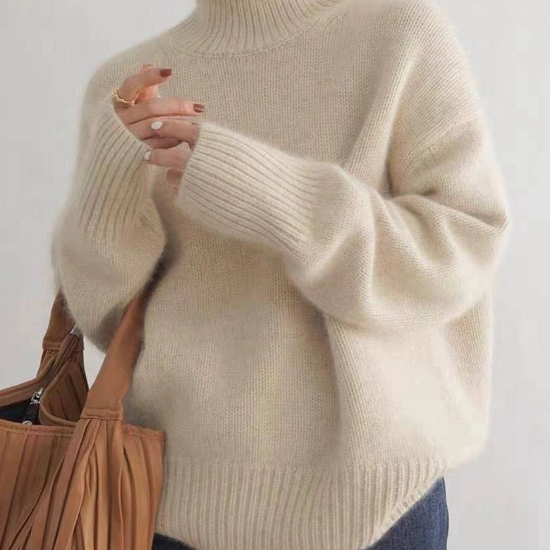 Women cashmere turtleneck sweater loose fit solid color