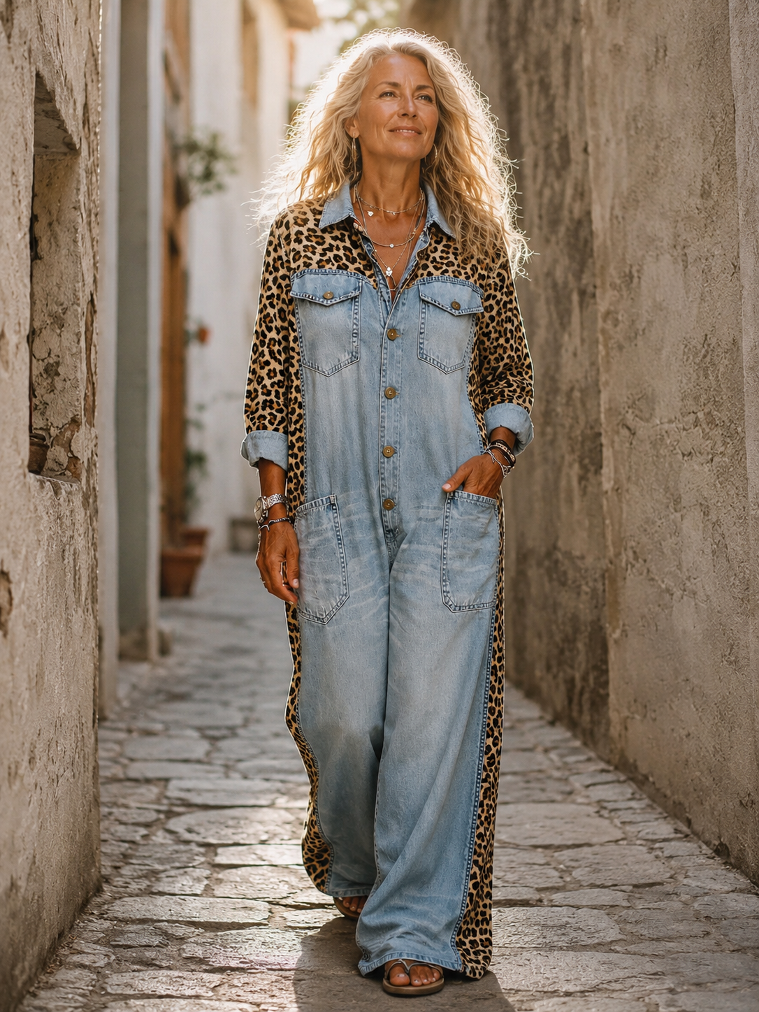 Denim Jumpsuit | Leopard Print, Wide Leg, Functional Pockets