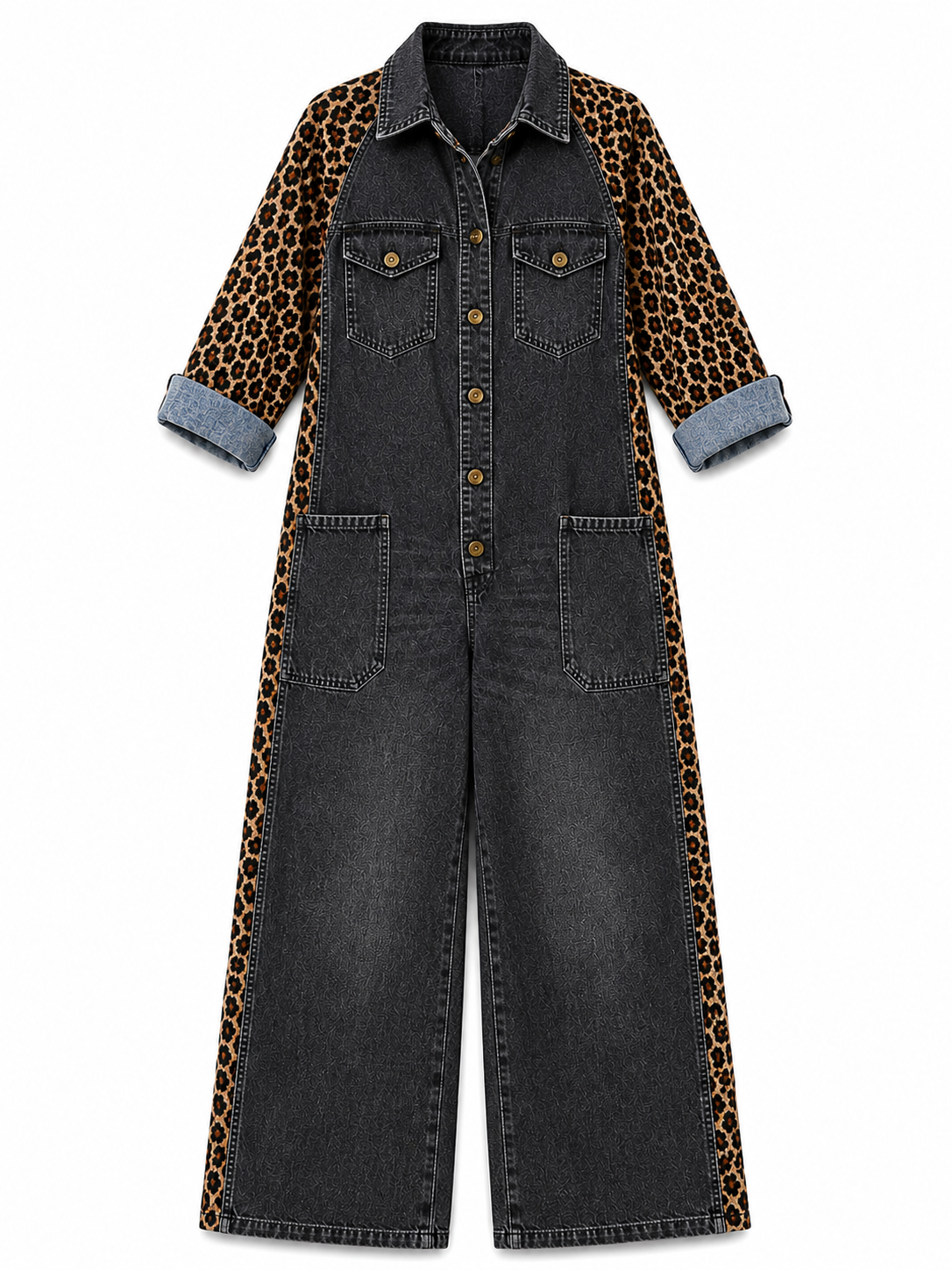 Denim Jumpsuit | Leopard Print, Wide Leg, Functional Pockets