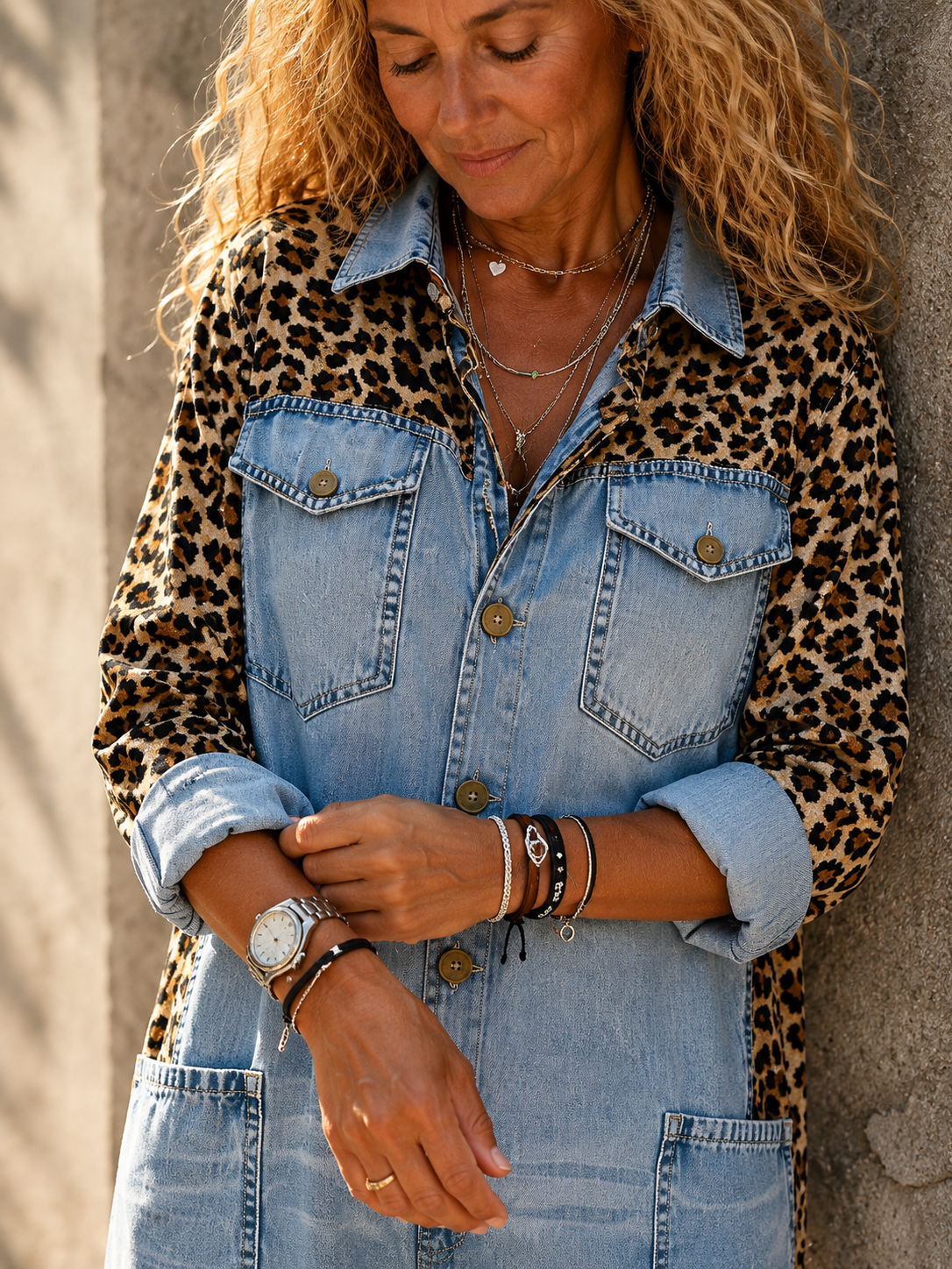 Denim Jumpsuit | Leopard Print, Wide Leg, Functional Pockets