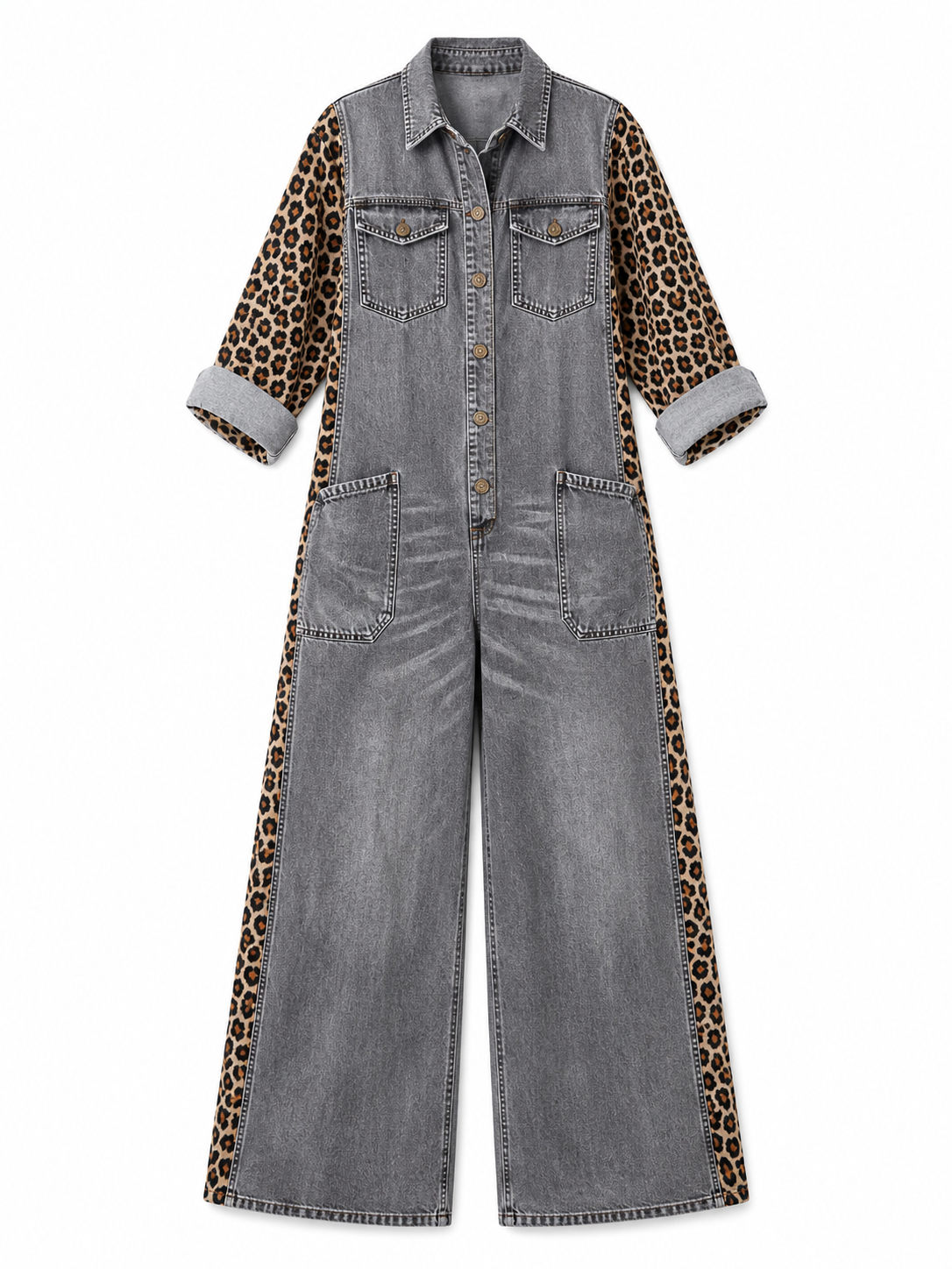 Denim Jumpsuit | Leopard Print, Wide Leg, Functional Pockets
