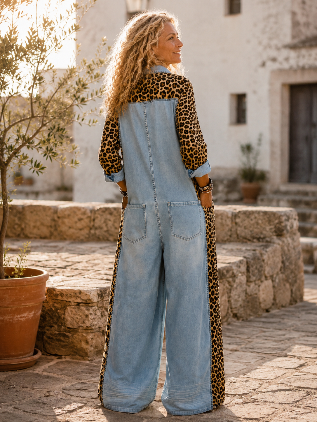 Denim Jumpsuit | Leopard Print, Wide Leg, Functional Pockets