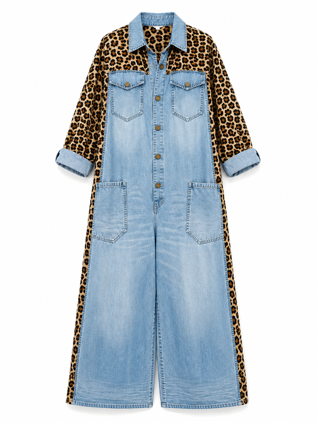 Denim Jumpsuit | Leopard Print, Wide Leg, Functional Pockets