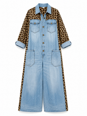 Denim Jumpsuit | Leopard Print, Wide Leg, Functional Pockets