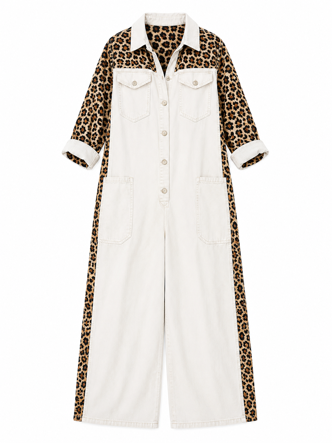 Denim Jumpsuit | Leopard Print, Wide Leg, Functional Pockets