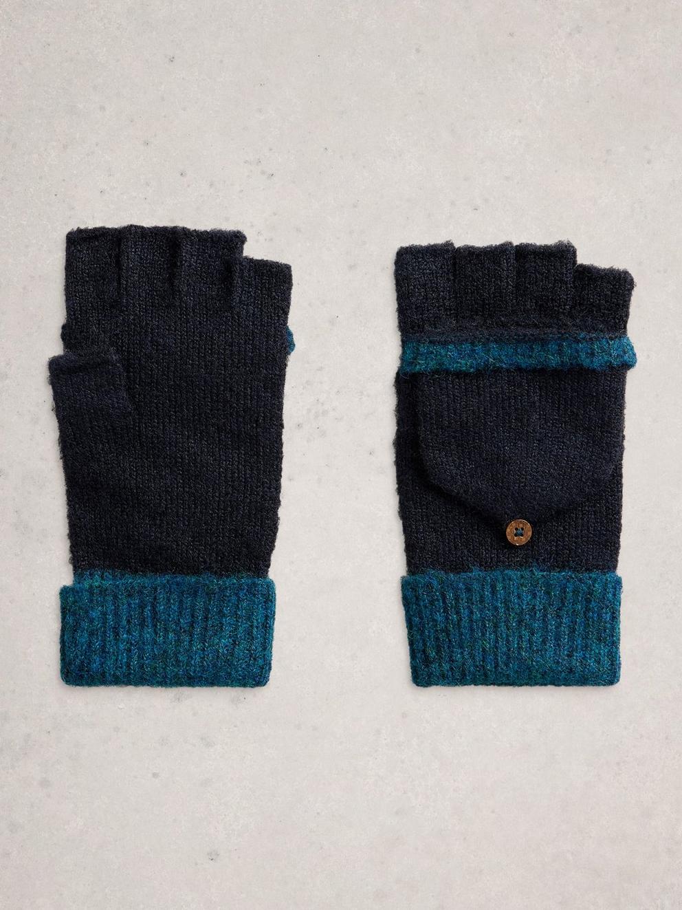 Women convertible mittens fingerless gloves with fold-back flap in black and beige