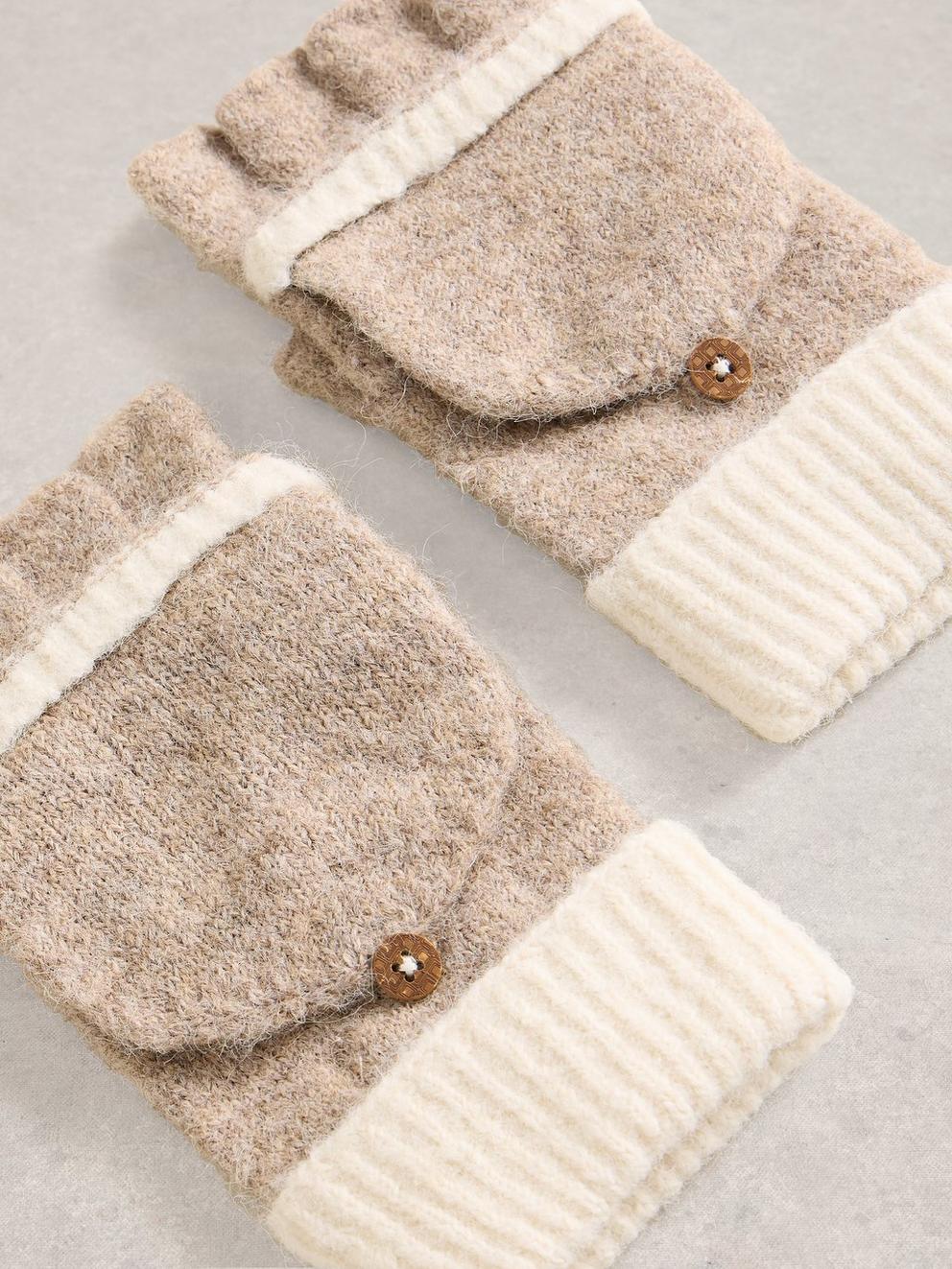 Women convertible mittens fingerless gloves with fold-back flap in black and beige