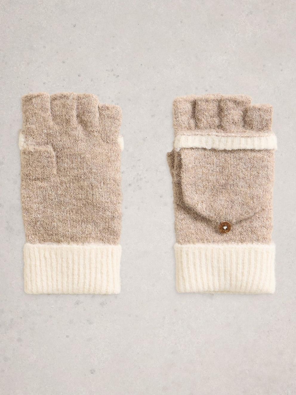 Women convertible mittens fingerless gloves with fold-back flap in black and beige
